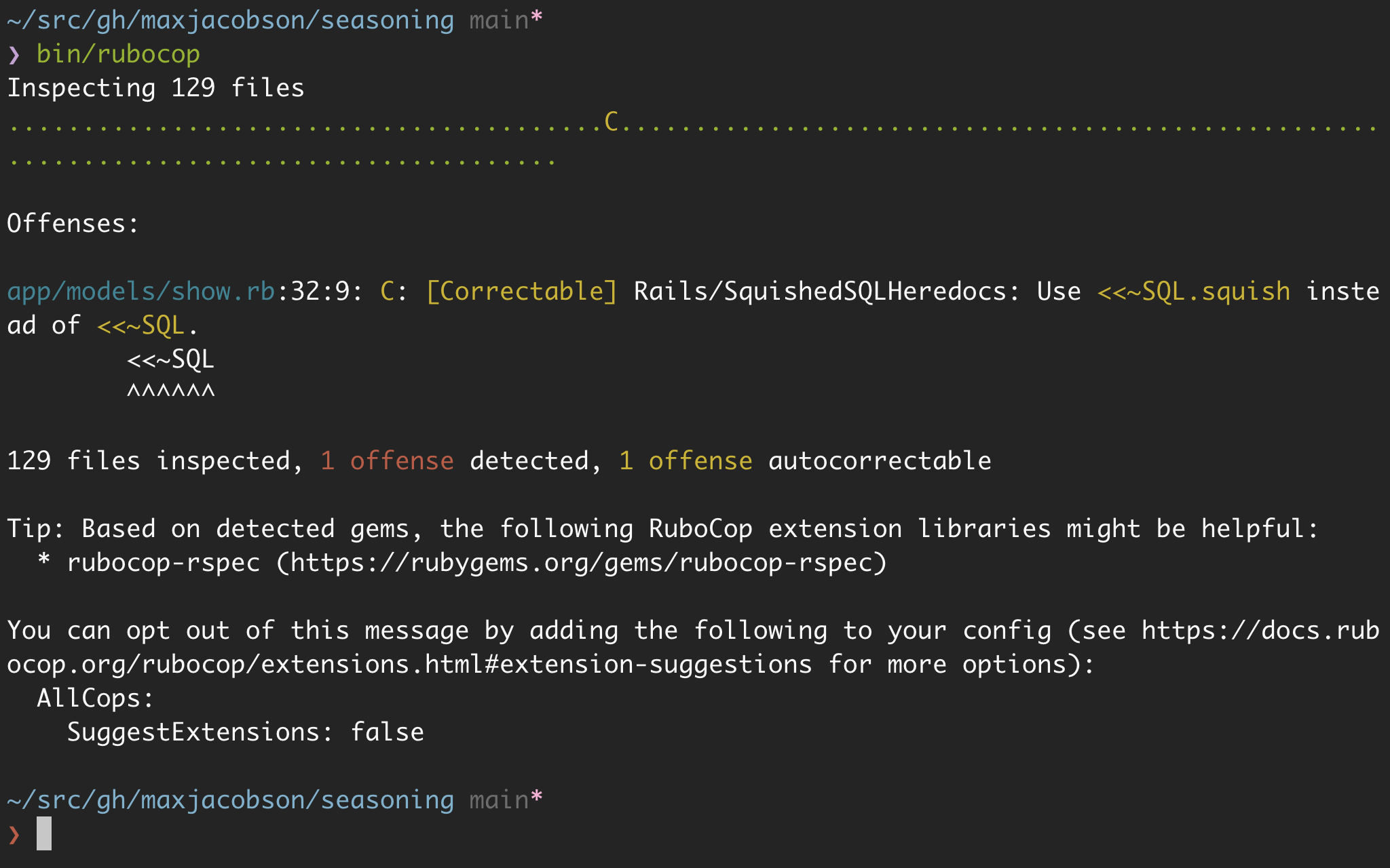 Screenshot of rubocop offense showing up on command line