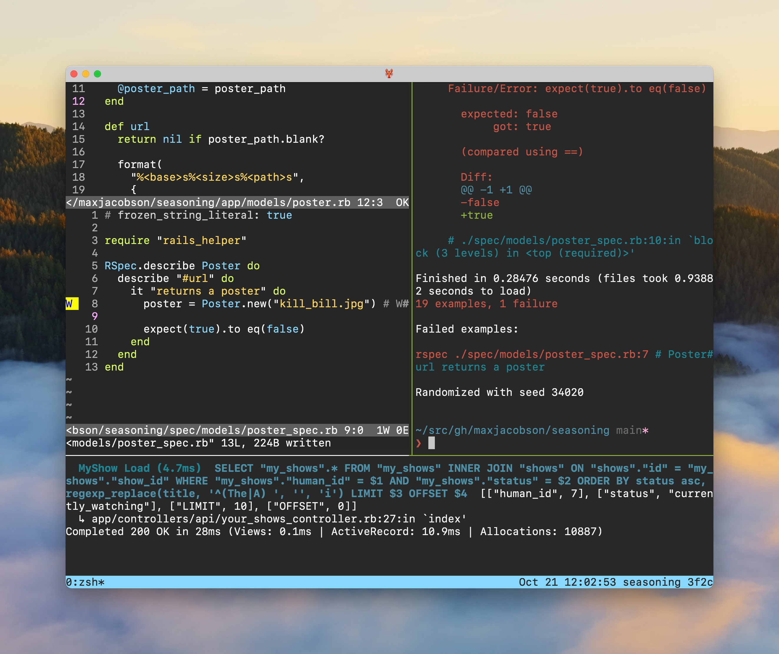 My tmux setup, with some panes showing a vim editor process, server logs, and test output