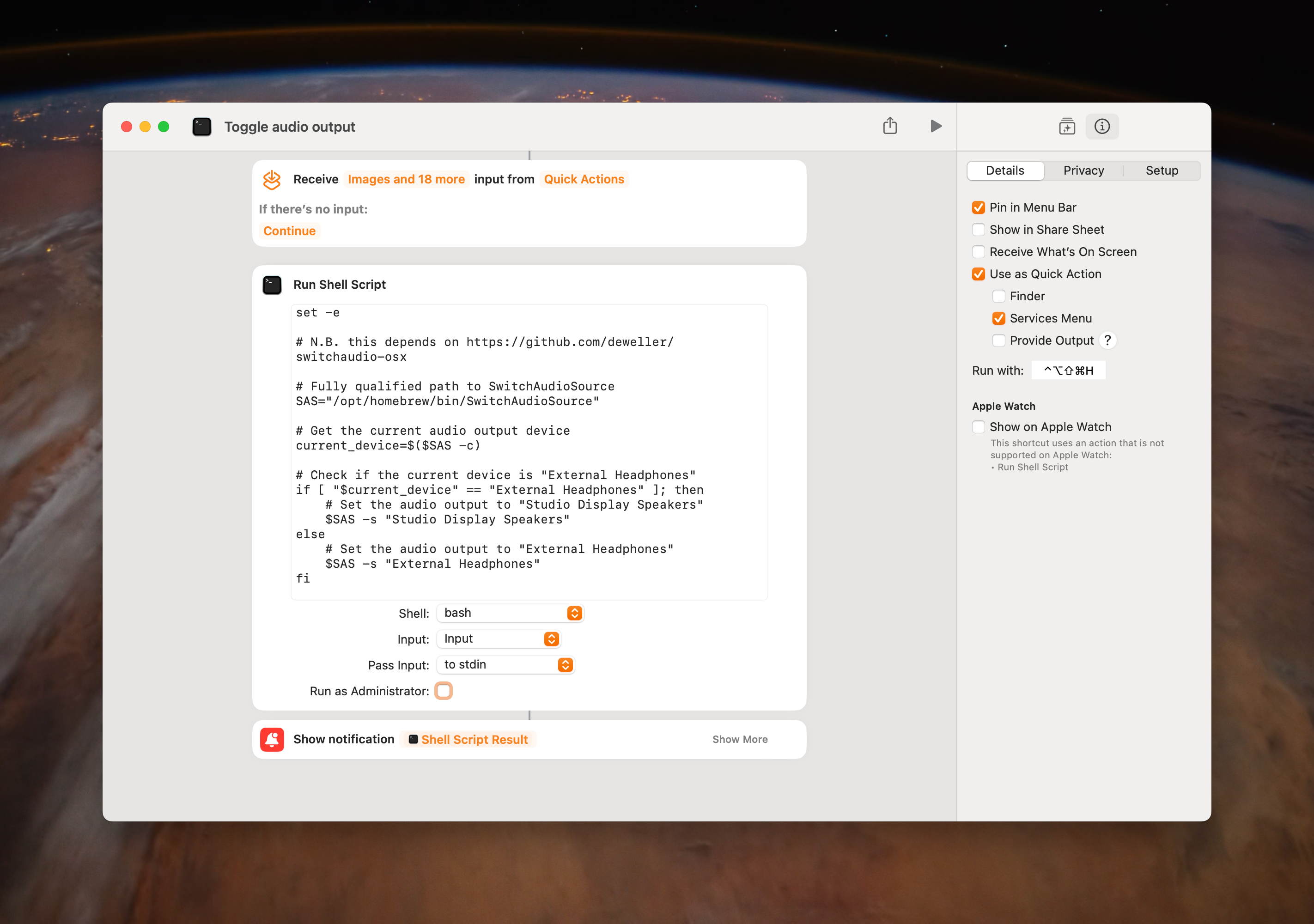 Screenshot showing the Shortcuts app using the Run Shell Script action to run that shell script
